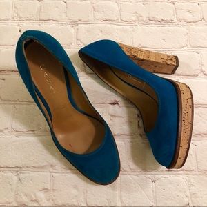 Casadei Teal Suede Cork Block Heel Pumps